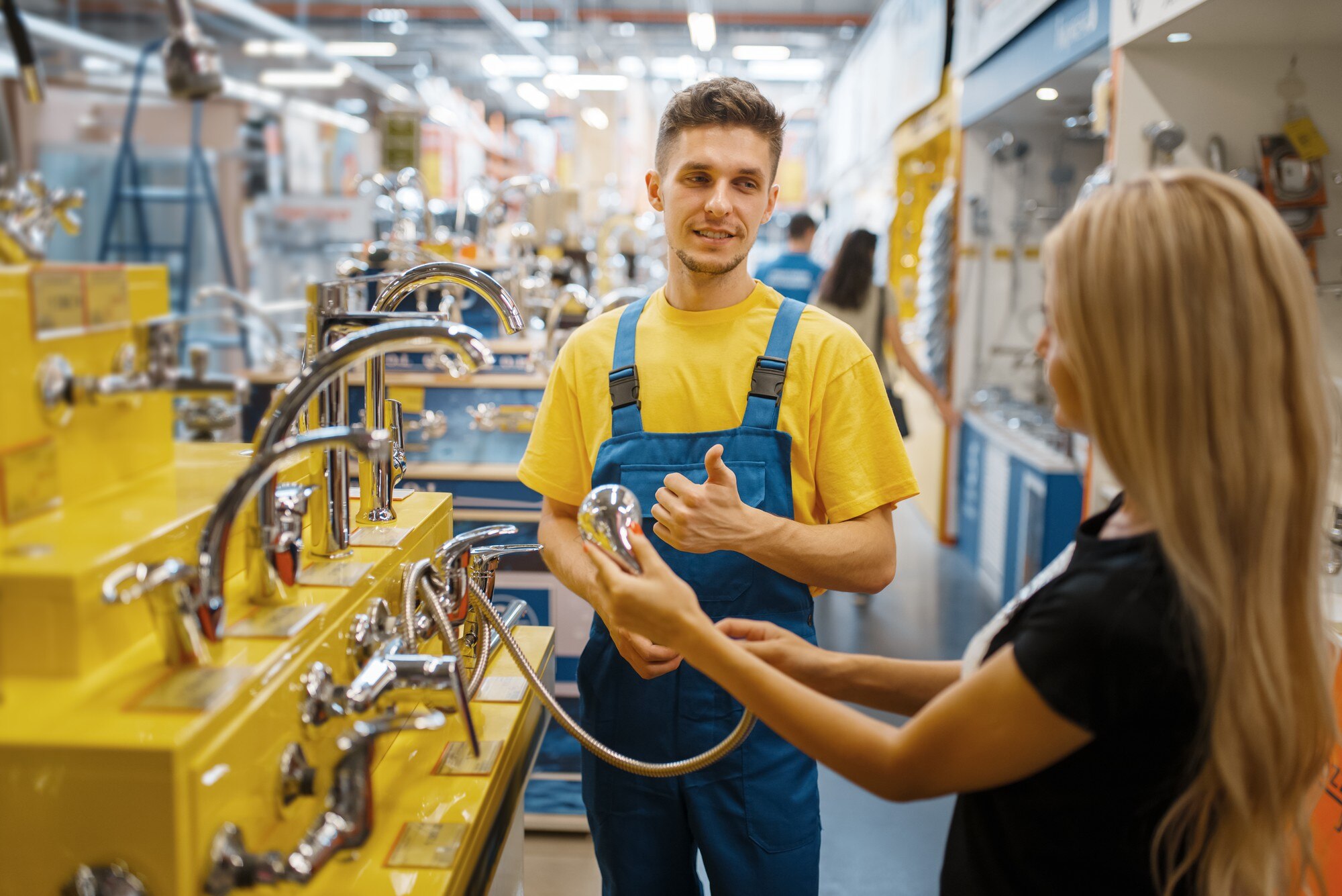 assistant female customer choosing shower hardware store seller uniform woman diy shop shopping buil